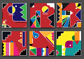 Set of 6 simple geometric modern template designs. Vector illustration. Geometric minimalist artwork poster with simple shapes and images.