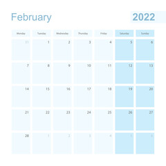 2022 February wall planner in blue pastel color, week starts on Monday.