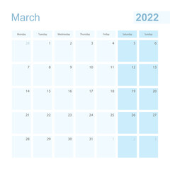 2022 March wall planner in blue pastel color, week starts on Monday.