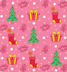 Christmas seamless pattern on pink background 