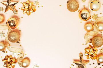 Christmas golden background, festive shiny decoration