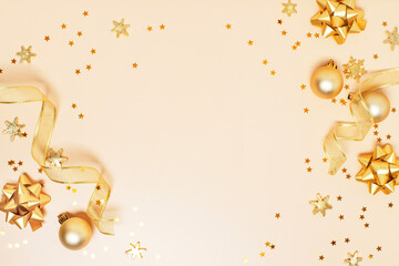 Christmas golden background, festive shiny decoration