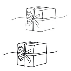 A Present, a box with ribbon. Wedding, Birthday, Christmas, New Year gift. Collection of holiday present. Vector isolated black and white continuous line drawing. Trendy Illustration. Line art
