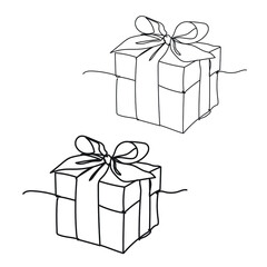 A gift, a present. One line drawing. Vector black and white illustration. Continuous line. Wedding, Christmas, Birthday present. Collection, set.