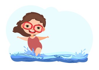 Girl is having fun. Waves of water in river, sea or ocean. Flow. Swimming, diving and water sports. diving goggles. Isolated on white background. Illustration in cartoon style. Vector art