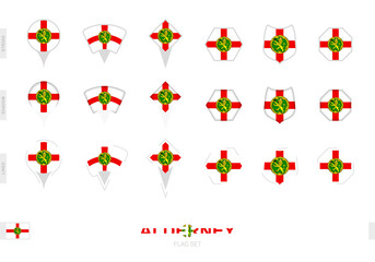 Collection of the Alderney flag in different shapes and with three different effects.