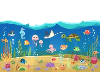 Fototapeta premium Bottom of reservoir with fish. Blue water. Sea ocean. Underwater landscape with animals. plants, algae and corals. Isolated illusteration. Vector art