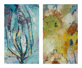 Blue oil painting on canvas. Lines abstract acrylic orange paint. Gold thick paste. Golden foil texture. Fine art close up for psychology concept, classical music theme. Artistic color backdrop.