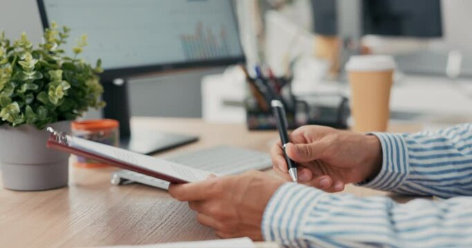 Boss is sitting at desk in office holding employment contract in hands in background computer monitor head of corporation fills in blanks signs document shakes hands with woman congratulating