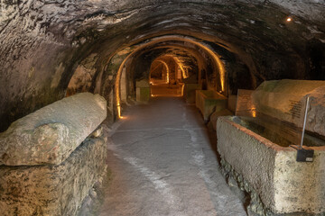 Naklejka premium Cave of the coffins at Bet She'arim in Kiryat Tivon, Israel catacombs with sarcophagi 