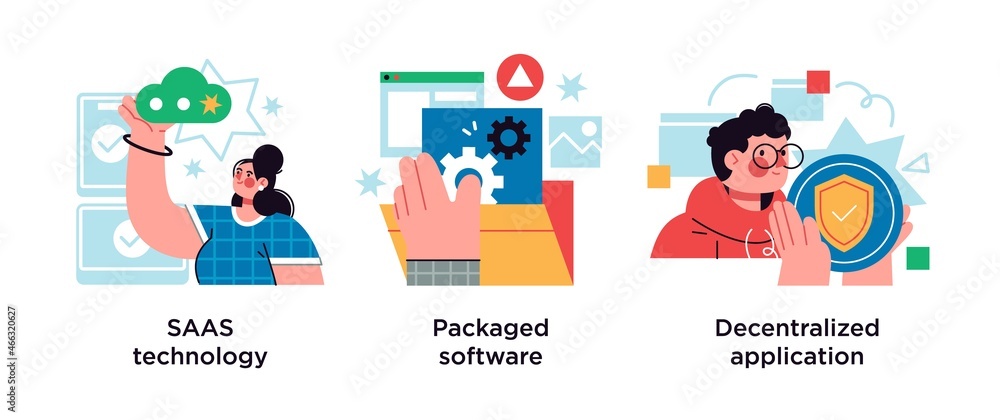 Poster application service abstract concept vector illustration set. saas technology, packaged software, de