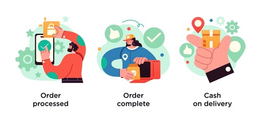 Purchase process abstract concept vector illustration set. Order processed, complete, cash on delivery abstract metaphor.