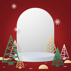 Fototapeta premium Christmas and new year 3D scene, podium for product display in red background.
