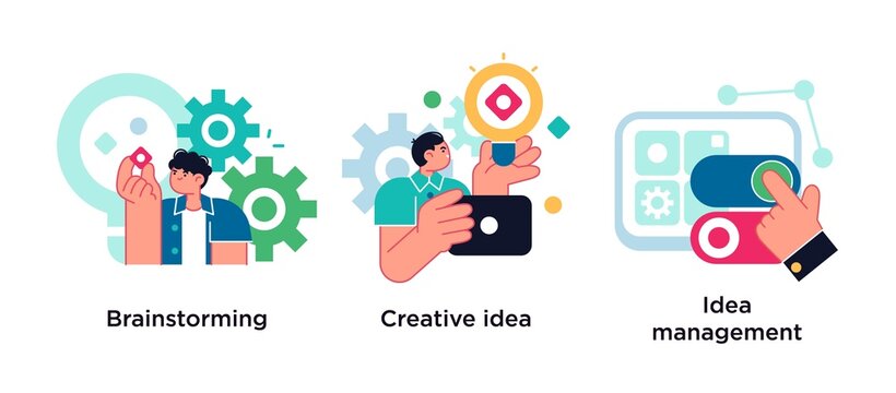 Creative thinking abstract concept vector illustration set. Team brainstorming, idea management, idea management abstract metaphor.