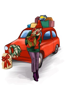 A girl with gifts stands next to the car and smiles. Girl teenager in a warm sweater and a voluminous red hat. Truck with gifts on the roof. Christmas illustration