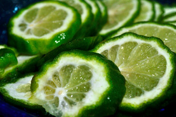 Pile of slices of Kaffir lime fruit