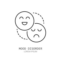 Mood disorder line icon concept. Happy and sad faces outline stroke element. Psychologist counseling. Anxiety, psychotherapy, depression. Editable stroke vector illustration