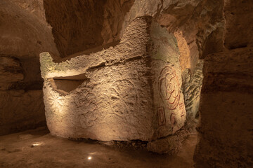 Carved sarcophagus with beautiful designs in the Cave of the Coffins at Bet She'arim in Kiryat...