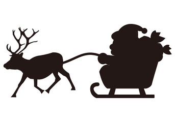 ソリに乗ったプレゼントを運ぶサンタさんとトナカイのシルエット　影　イメージ
