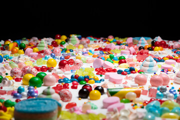 Fototapeta na wymiar Chocolate coated and jelly beans candy mix. Big explosion of variety colour snack and sugar confetti. Festive dessert of different kinds of soft gummy, lollipop for holiday.