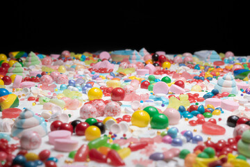 Fototapeta na wymiar Large round table of mixed sweets, different colors and shapes, for all tastes. Festive background for holidays, Easter, Halloween, Christmas, Birthdays. Random candies confetti, sugar and cake icing.