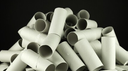 Empty toilet paper rolls during self isolation and lockdown at Covid 19 coronavirus pandemic....
