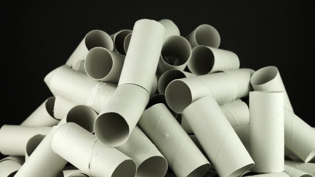 Empty toilet paper rolls during self isolation and lockdown at Covid 19 coronavirus pandemic. Depiction of anxiety, depression and misery during second wave of Covid-19.  2019-ncov quarantine.