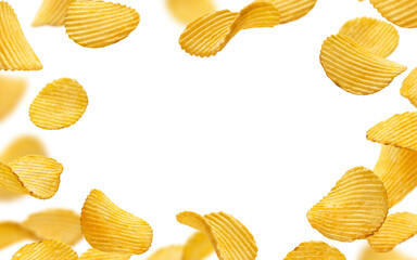Frame of ridged potato chips isolated on white background