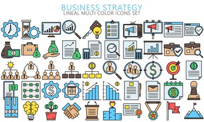 Business Strategy lineal multi color Icons. Contains such as Target Audience, Research, Plan, Scheme and more. Used for modern concepts, web, UI, UX kit and applications. EPS 10 ready convert to SVG