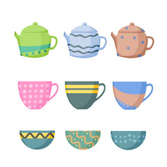 Vector cartoon set of ceramic pasuda - cups, bowls and teapots.