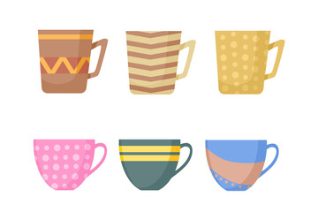 Vector set of ceramic cups with patterns. Cartoon style.