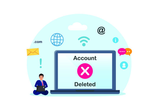 Account deactivation vector concept. Young man using a computer laptop while deleting his account of social media