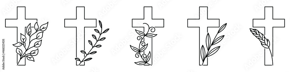 Poster christian cross with plant. cross with flowers. linear design of christian cross with branch. vector
