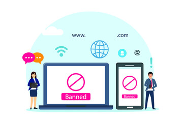 Banned vector concept. Two people sign in on the account with banned symbol while using digital device