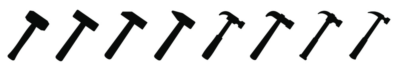 Hammer icon. Vector illustration. Set of black hammer icons in flat design