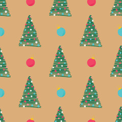 Christmas seamless pattern with small hand drawn green fir tree and christmas toy. Vector illustration for wrapping paper, wallpaper, tablecloth etc