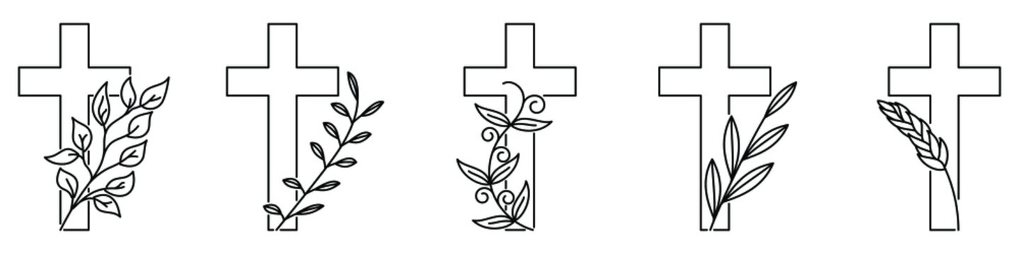 Christian cross with plant. Cross with flowers. Linear design of christian cross with branch. Vector illustration