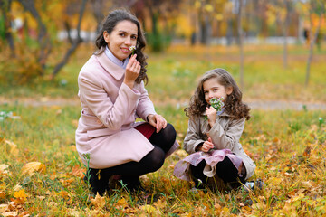 Fototapeta premium Portrait of a mother and daughter in an autumn park. They are gathering flowers in a glade. Happy people pose against the background of beautiful yellow trees.