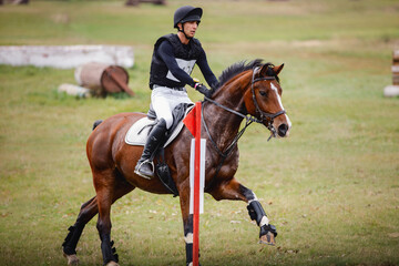 portrait of rider man and black stallion horse galloping during eventing cross country competition in autumn
