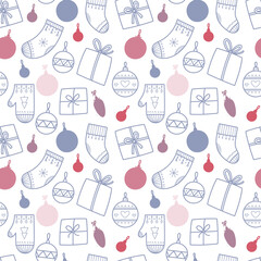 Christmas vector seamless pattern. Christmas balls, knitted mittens, socks, gifts on a light background. Suitable for cards, Christmas cards, invitations, greetings, paper and others.  