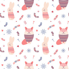 Christmas seamless pattern. Wild animals and elements of folk ornament on a light background. Suitable for cards, Christmas cards, invitations, greetings, paper and others.