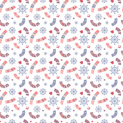 Winter vector seamless pattern. Snowflakes and elements of folk ornament on a light background. Suitable for cards, Christmas cards, invitations, greetings, paper and others.