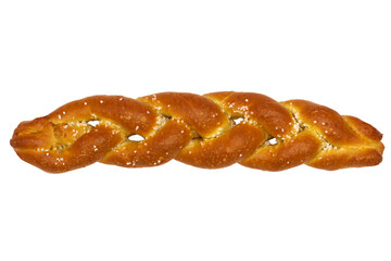 Fresh baked braided pretzel with salt isolated on white top view closeup photo. Artisan bakery pastry product. Grocery store bread produce item. Breakfast meal. Cafe menu clipart food design element.