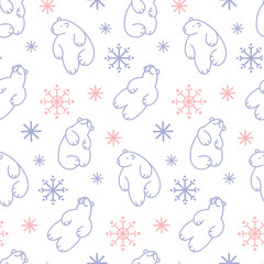 Winter seamless pattern. Bear cubs and snowflakes on a light background. Suitable for cards, Christmas cards, invitations, greetings, paper and others