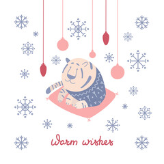 Christmas vector illustration. A tiger in a sweater on a background of Christmas balls and snowflakes. Suitable for cards,  invitations, greetings and others