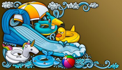 Naklejka premium Cartoon cute doodles hand drawn summer beach children's entertainment illustration.