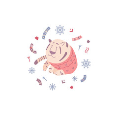 Christmas vector illustration. A tiger in a sweater on a background of snowflakes and elements of folk ornament. Suitable for cards,  invitations, greetings and others