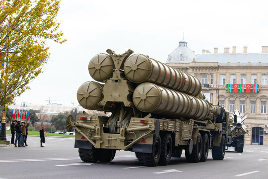 Anti-aircraft missile system SAM S-300. The Victory parade in Baku street, Azerbaijan: 10 December 2020
