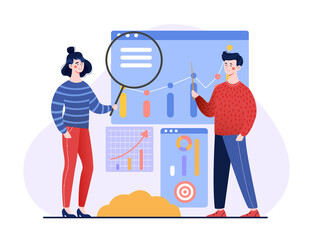 Business model concept. Man and woman analyze company statistics and develop strategies for achieving success. Employees work with data, graphs and charts. Cartoon modern flat vector illustration