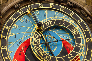 Close-up of the famous astronomical clock at the town hall of Prague.